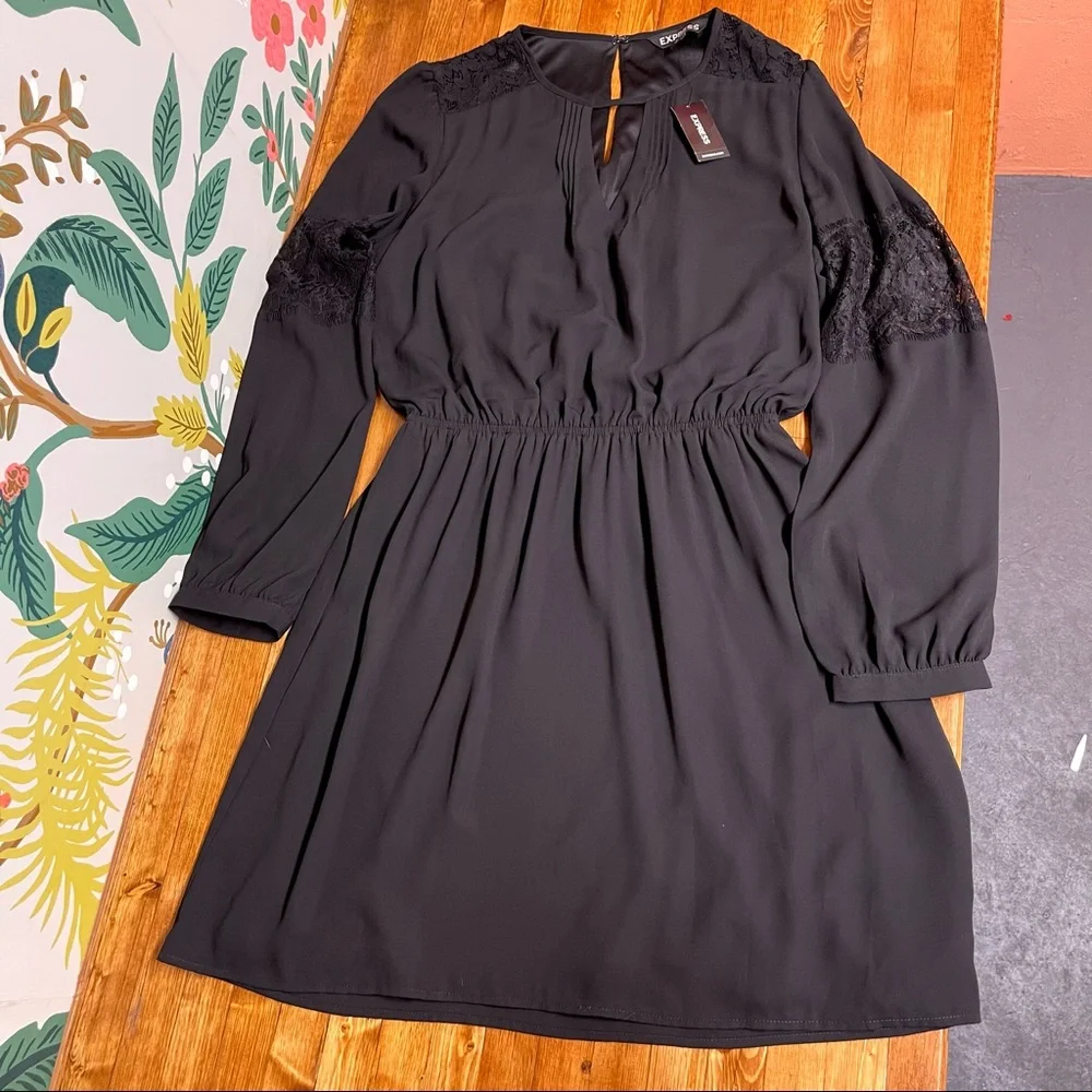 Express Black Lace Detail Long Sleeved Dress *NWT* - Picture 8 of 11